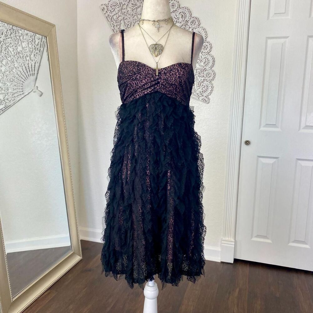 Mango MNG Suit Euro Early 2000's Black Pink Frilly Lace Babydoll Mini Dress XS